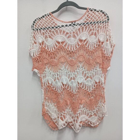 Vintage Y2K Soho Womens Top Large White Orange Crochet Sheer BOHO Cottagecore - Picture 7 of 8